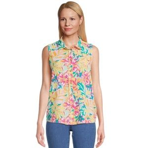 •TIME AND TRU•NWT SLEEVELESS HENLEY COLORFUL FLORAL LINEN LYOCELL TOP  XXXL(22)